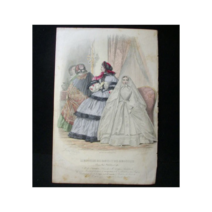 MODE : Le Moniteur des dames et des demoiselles : gravure couleur de Jules David présente trois femmes en robe