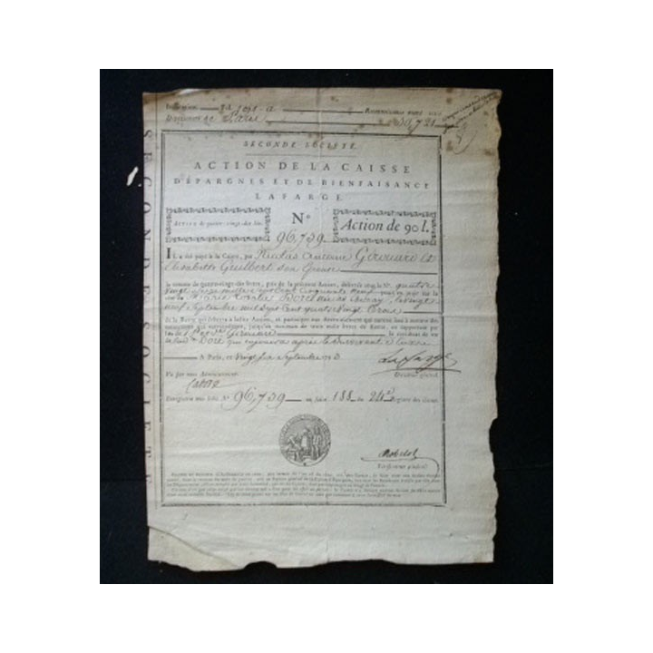 1793 Action de la caisse d'épargne bienfaisance Lafarge de 90 livres