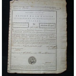 26 septembre 1793 Action caisse épargne bienfaisance Lafarge 90 livres