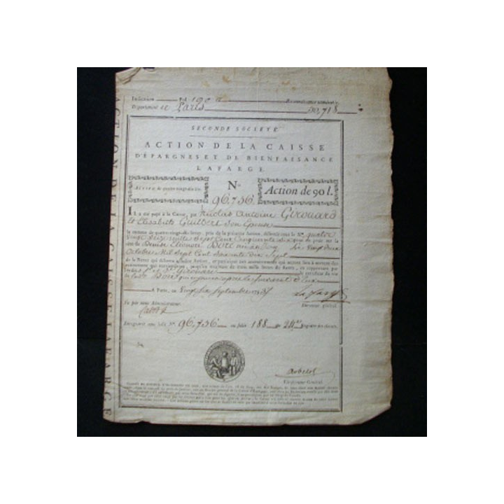 26 septembre 1793 Action caisse épargne bienfaisance Lafarge 90 livres