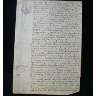 vieux manuscrit du 5 Juin 1810 comprenant 3 pages d'un extrait de perquisition chez une débitante de boissons avec 1 sceau