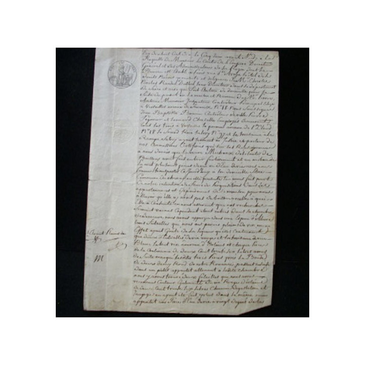 vieux manuscrit du 5 Juin 1810 comprenant 3 pages d'un extrait de perquisition chez une débitante de boissons avec 1 sceau