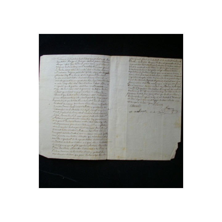 vieux manuscrit du 5 Juin 1810 comprenant 3 pages d'un extrait de perquisition chez une débitante de boissons avec 1 sceau