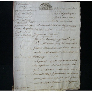 vieux manuscrit du 3 brumaire de l'an sept comprenant 6 pages d'un compte rendu de jugement par le tribunal civil