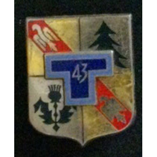 43° RT : insigne du 43° régiment de transmissions de fabrication Drago G. 2125 dos lisse argenté, bleu clair sur le T