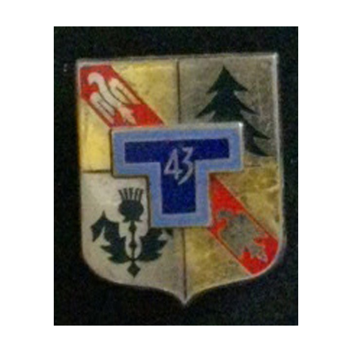 43° RT : insigne du 43° régiment de transmissions de fabrication Drago G. 2125 dos lisse argenté, bleu clair sur le T