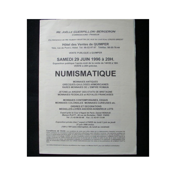 Catalogue NUMISMATIQUE de vente de pièces jetons décorations médailles
