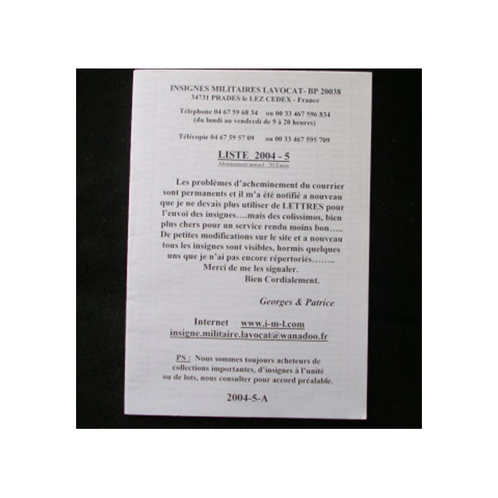 Liste 2004 - 05 catalogue de 226 insignes couleurs côtés par SARL IML