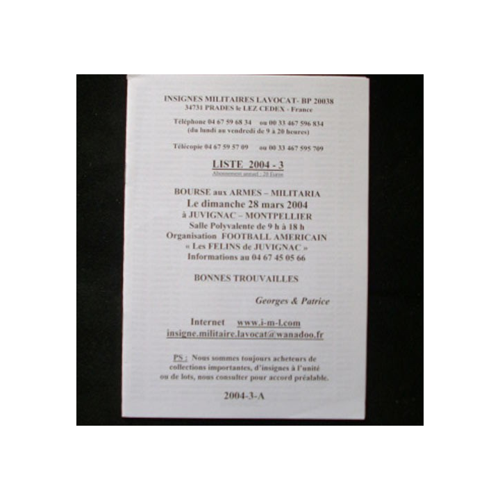 Liste 2004 - 03 catalogue de 257 insignes couleurs côtés par SARL IML