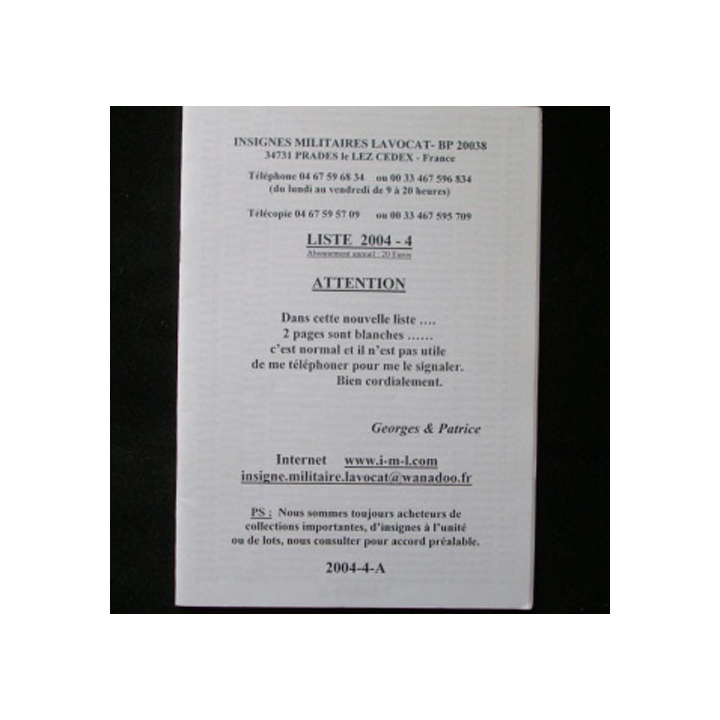 Liste 2004 - 04 catalogue de 354 insignes couleurs côtés par SARL IML