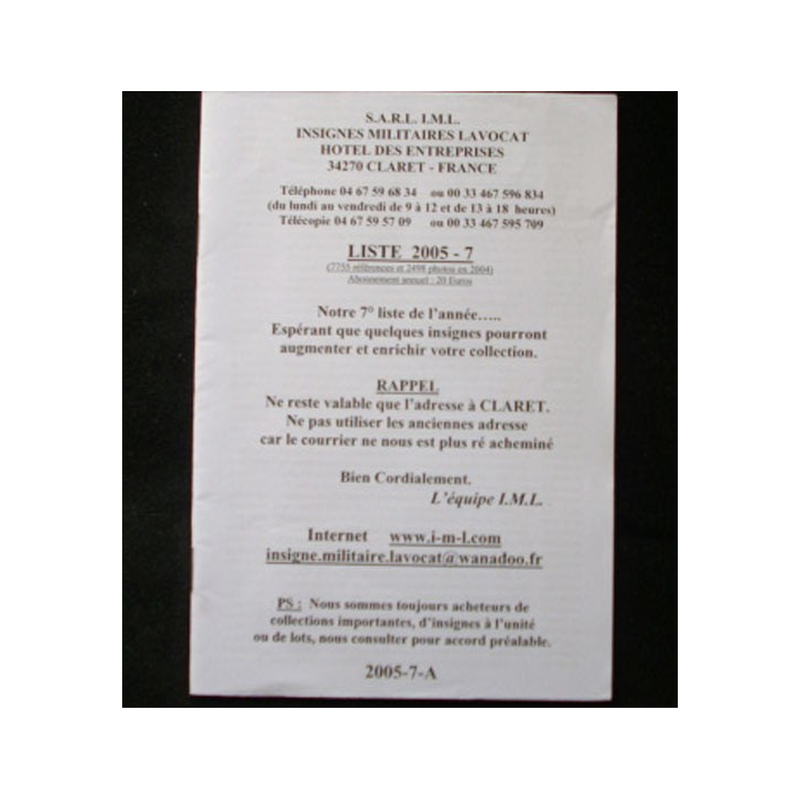 Liste 2005 - 07 catalogue de 227 insignes couleurs côtés par SARL IML