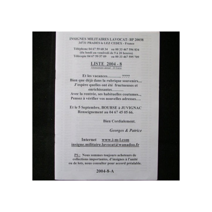 Liste 2004 - 08 catalogue de 374 insignes couleurs côtés par SARL IML