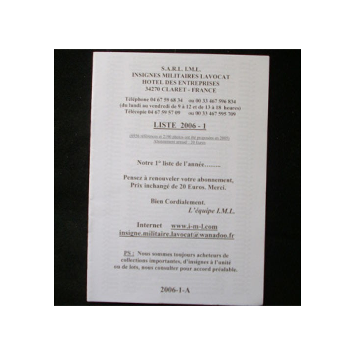 Liste 2006 - 01 catalogue de 251 insignes couleurs côtés par SARL IML