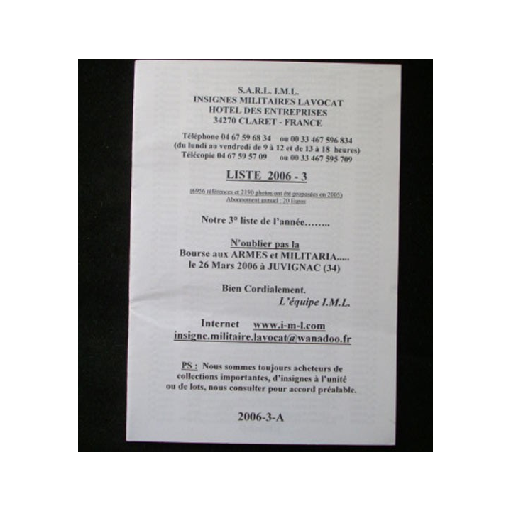 Liste 2006 - 03 catalogue de 230 insignes couleurs côtés par SARL IML