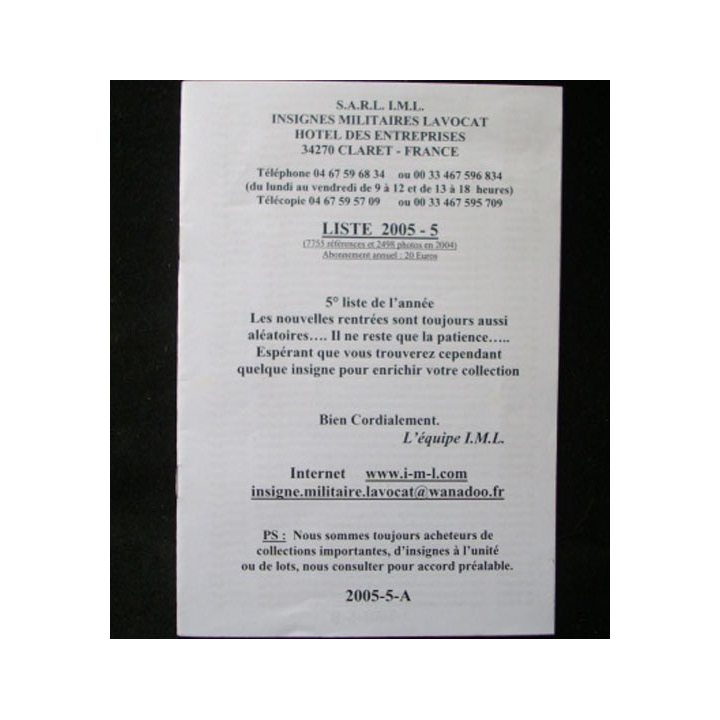 Liste 2005 - 05 catalogue de 266 insignes couleurs côtés par SARL IML