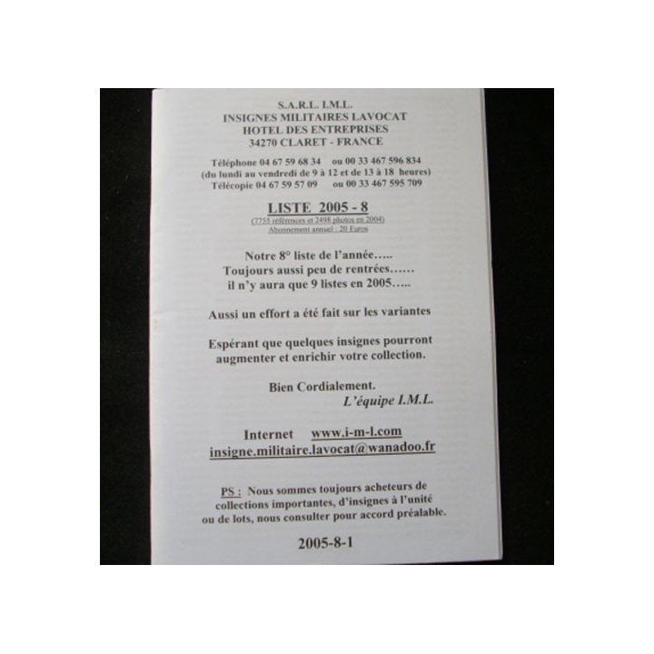 Liste 2005 - 08 catalogue de 224 insignes couleurs côtés par SARL IML