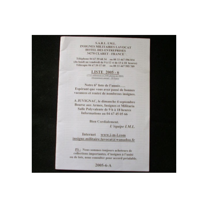 Liste 2005 - 06 catalogue de 251 insignes couleurs côtés par SARL IML