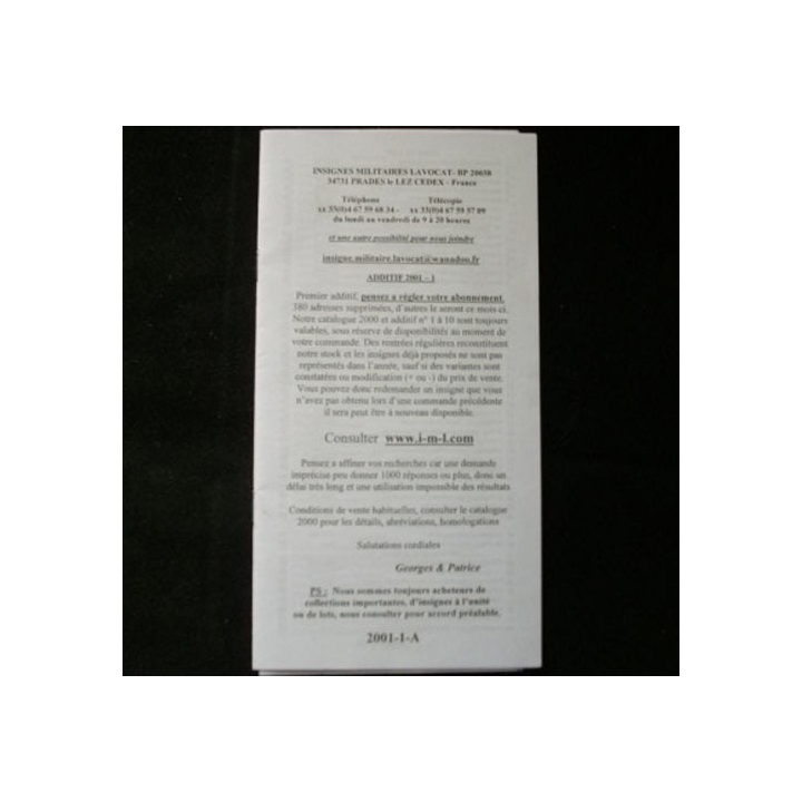 Liste 2001 - 01 catalogue de 363 insignes couleurs côtés par SARL IML