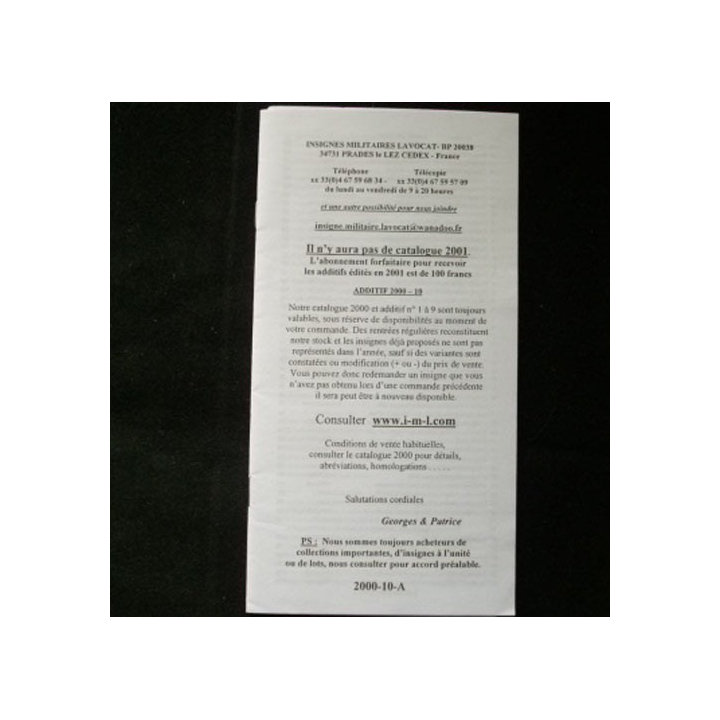 Liste 2000 - 10 catalogue de 283 insignes couleurs côtés par SARL IML