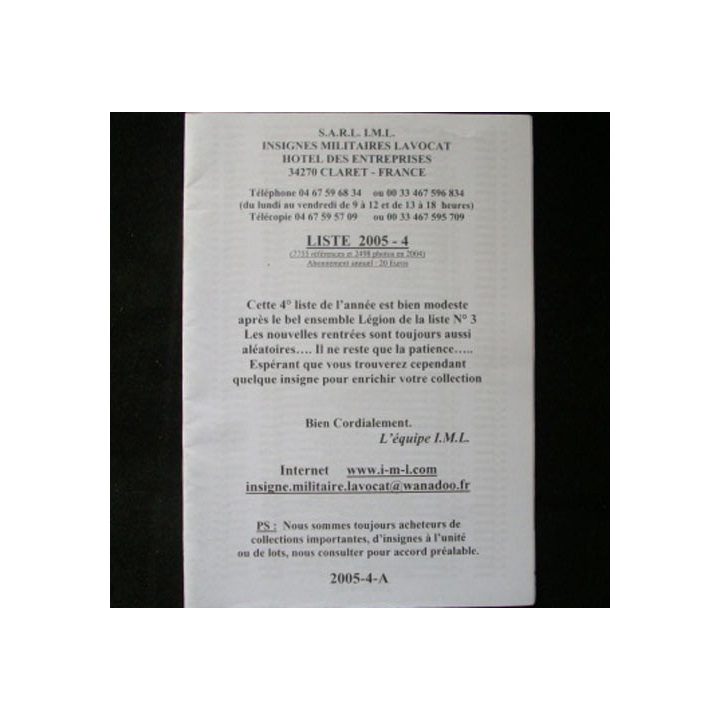 Liste 2005 - 04 catalogue de 244 insignes couleurs côtés par SARL IML
