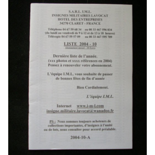 Liste 2004 - 10 catalogue de 267 insignes couleurs côtés par SARL IML