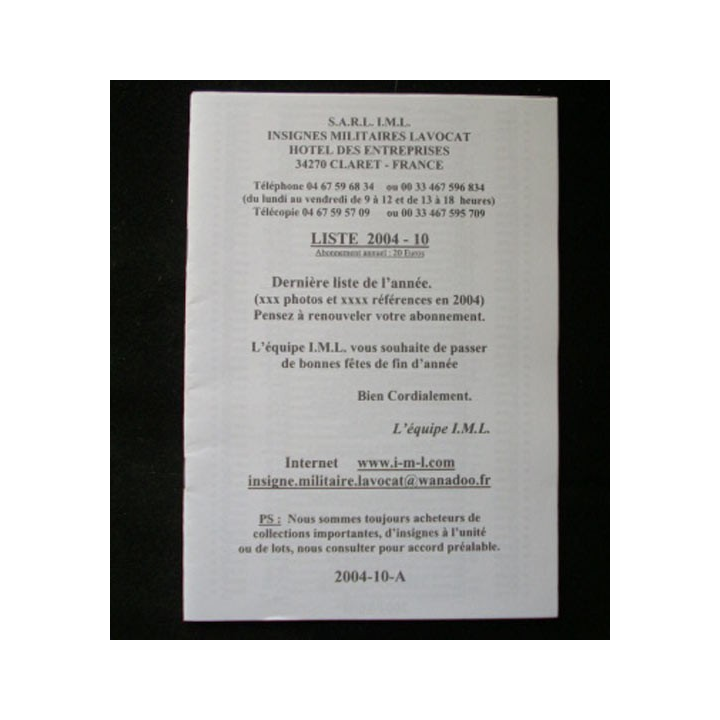 Liste 2004 - 10 catalogue de 267 insignes couleurs côtés par SARL IML