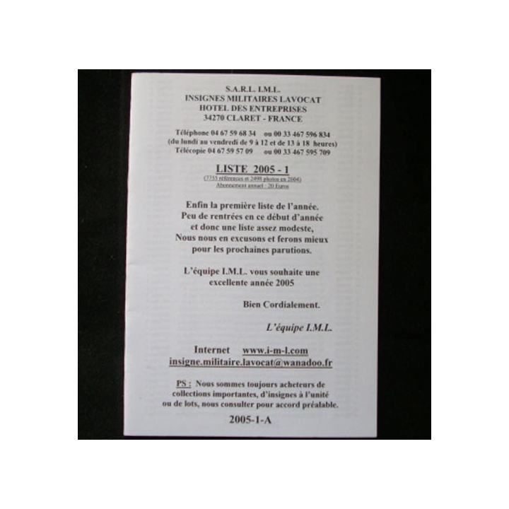 Liste 2005 - 01 catalogue de 215 insignes couleurs côtés par SARL IML