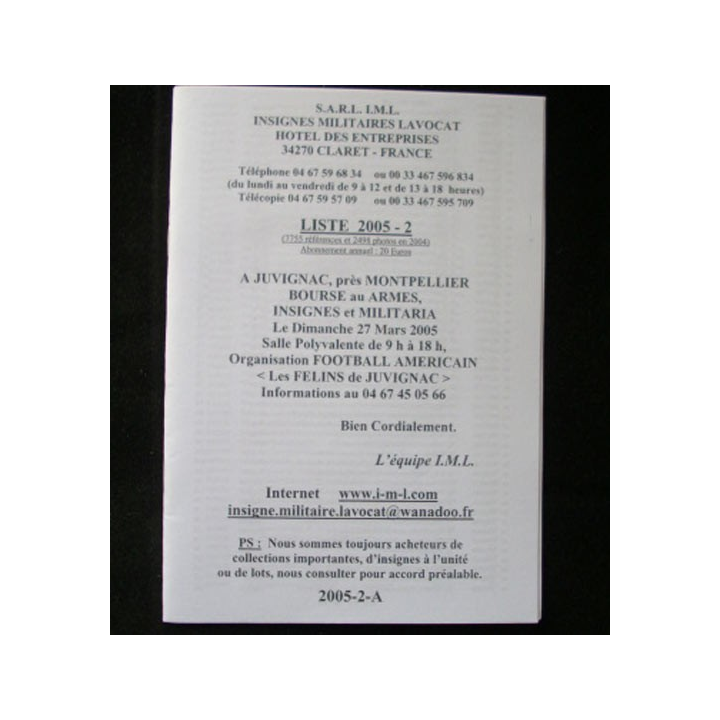 Liste 2005 - 02 catalogue de 214 insignes couleurs côtés par SARL IML