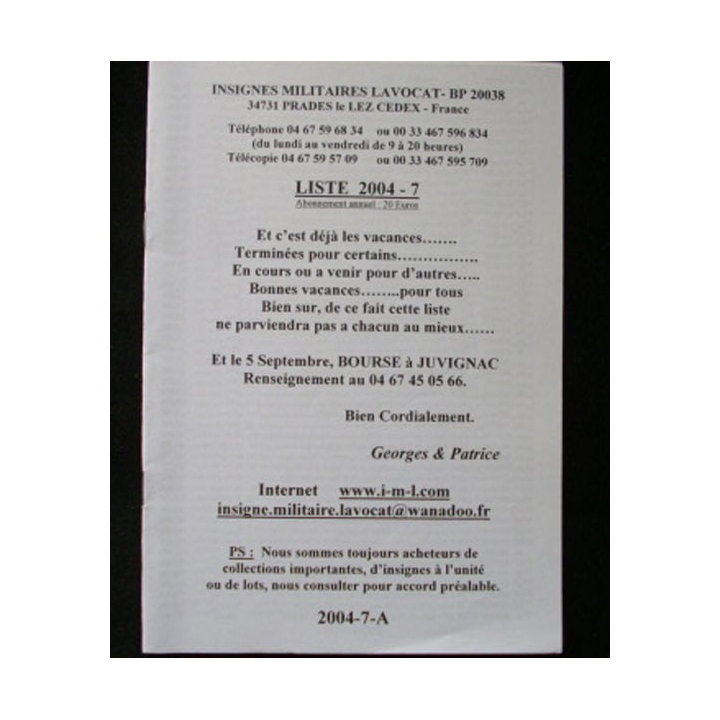 Liste 2004 - 07 catalogue de 250 insignes couleurs côtés par SARL IML