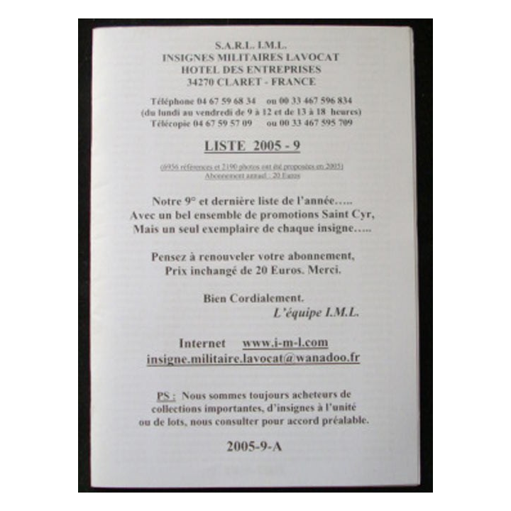 Liste 2005 - 09 catalogue de 228 insignes couleurs côtés par SARL IML