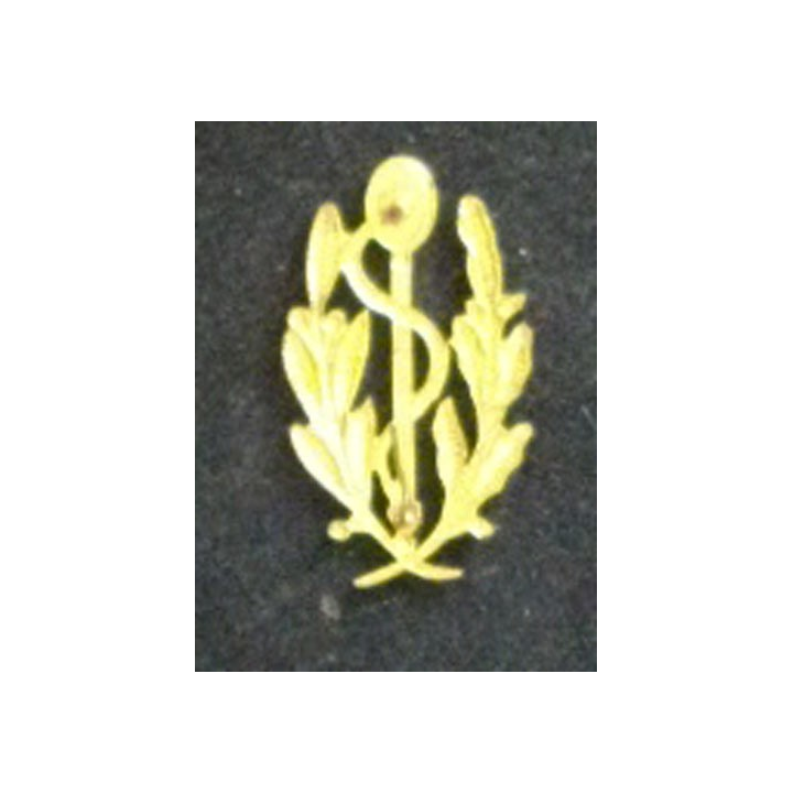 insigne de col du service de santé (entre deux guerres) en métal doré de dimension 3,8 cm par 2,1 cm