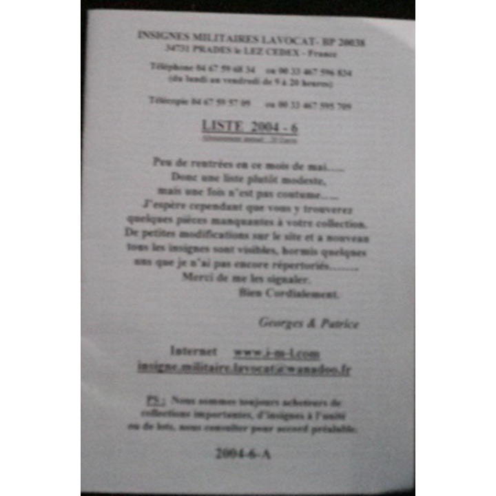 Liste 2004 - 06 : 125 insignes militaires couleur SARL IML