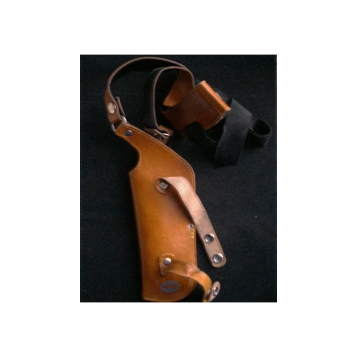 MILITARIA : holster porte pistolet en cuir clair avec bretelles de portage