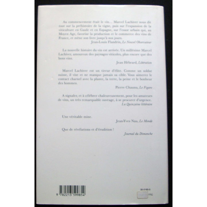 Vins, vignes et vignerons histoire du vignoble français écrit par Marcel Lachiver aux éditions Fayard