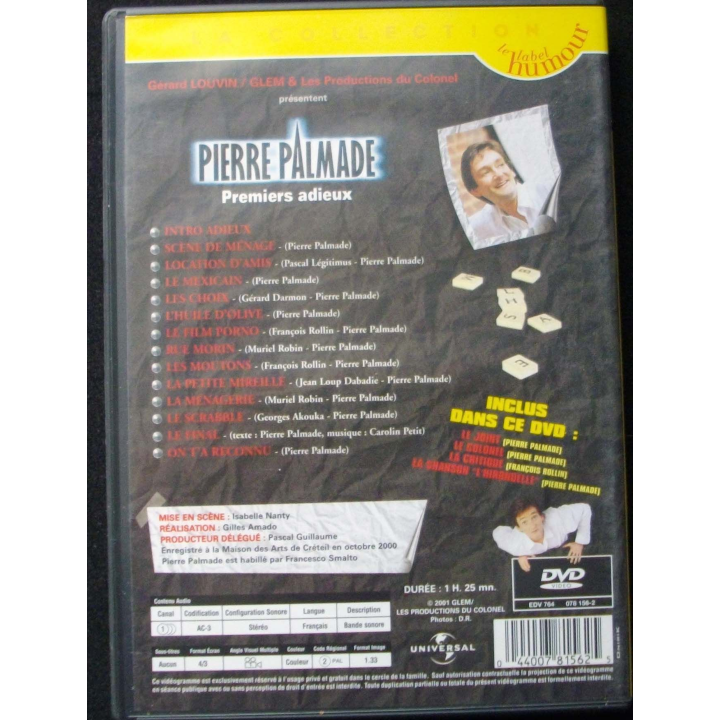 DVD intitulé "  Pierre Palmade premiers adieux " film de Gérard Louvin / Glem