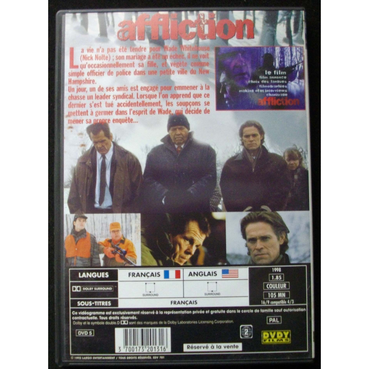 DVD intitulé " Affliction " film de Paul Schrader avec Nolte, Cobrun, Spacek et Dafoe