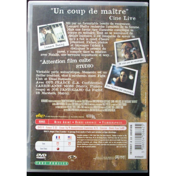 DVD intitulé " Memento " film de Christopher Nolan