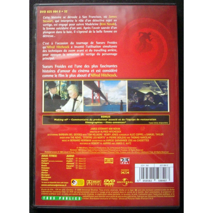 DVD intitulé " Sueurs froides " film d'Alfred Hitchcock