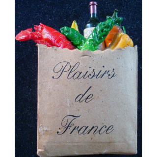 Magnet frigo plaisir de France représentant un sac rempli de provisions françaises