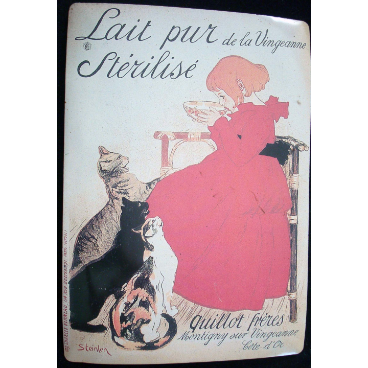 PUB : carte postale métallique reproduisant une pub sur le lait pur de la Vingeanne stérilisé