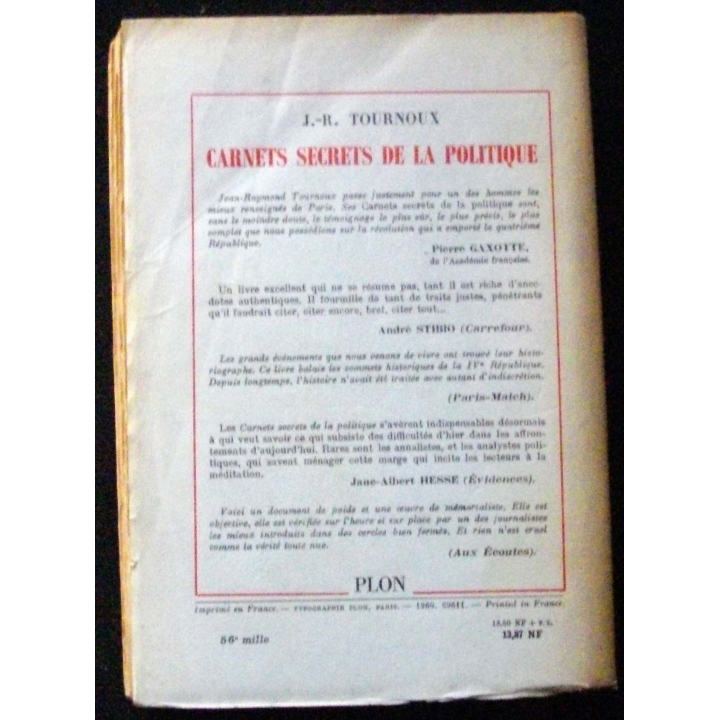 LIVRE : Secrets d'Etat de J.R Tournoux aux éditions Plon 1960