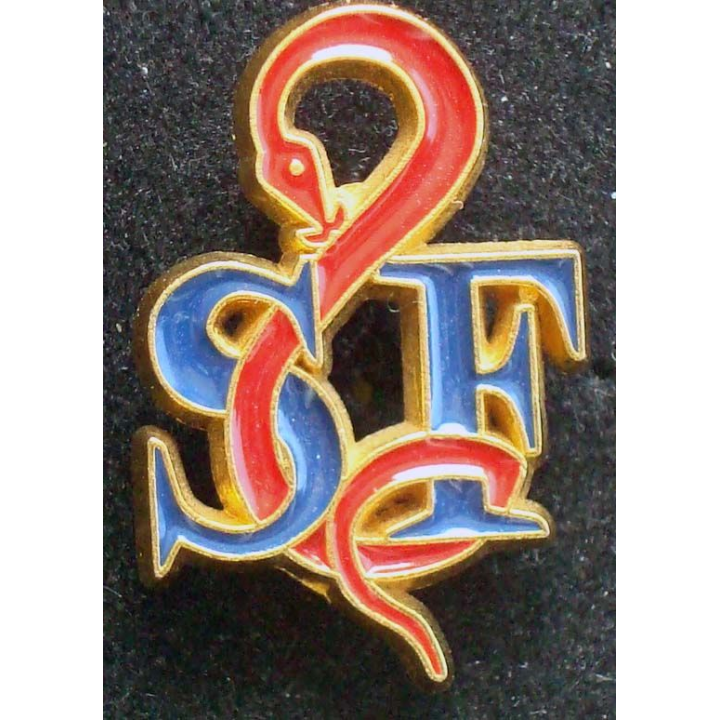 Pin's santé : pin's SF de hauteur 2,6 cm de couleur rouge et bleue