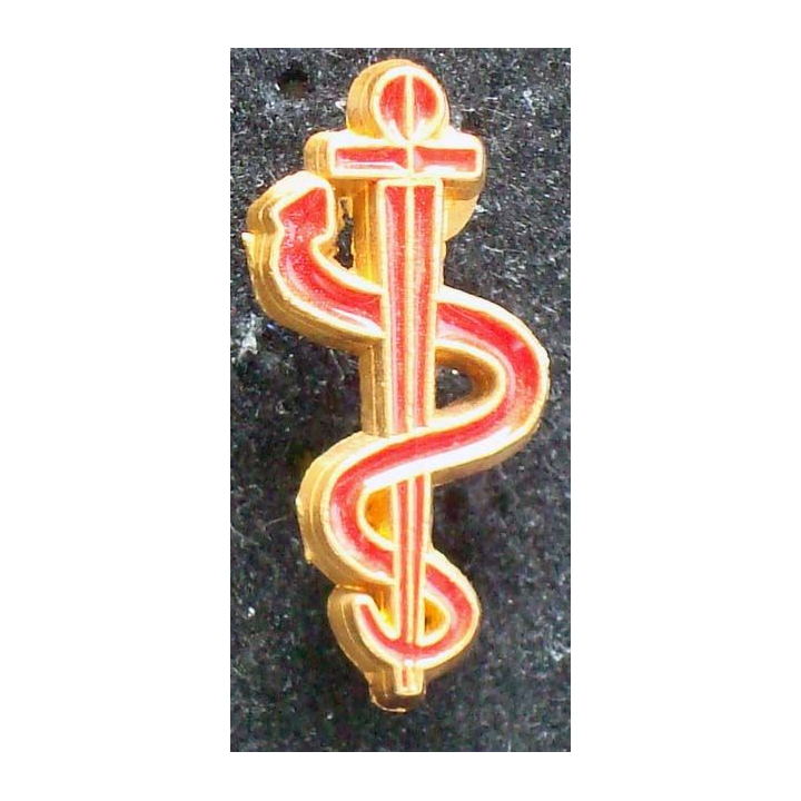 Pin's santé : pin's représentant un serpent enroulé sur une épée  hauteur 2,1cm de couleur rouge