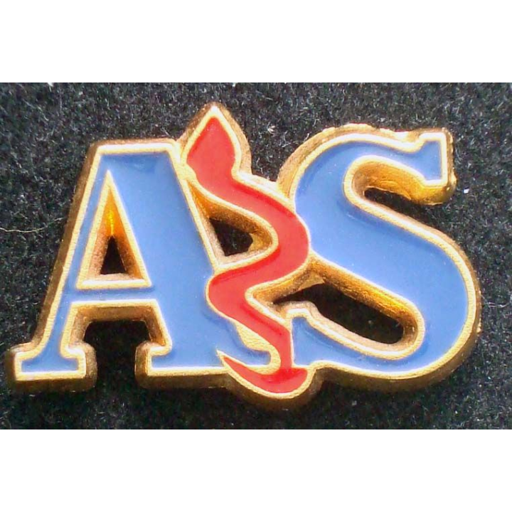 Pin's santé : pin's AS (auxiliaire de santé ?) de largeur 2,5 cm de couleur rouge et bleue