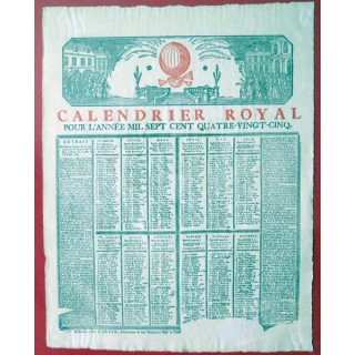 ANTIQUITES : parchemin du calendrier royal de 1785 encadré 