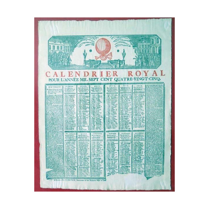 ANTIQUITES : parchemin du calendrier royal de 1785 encadré 