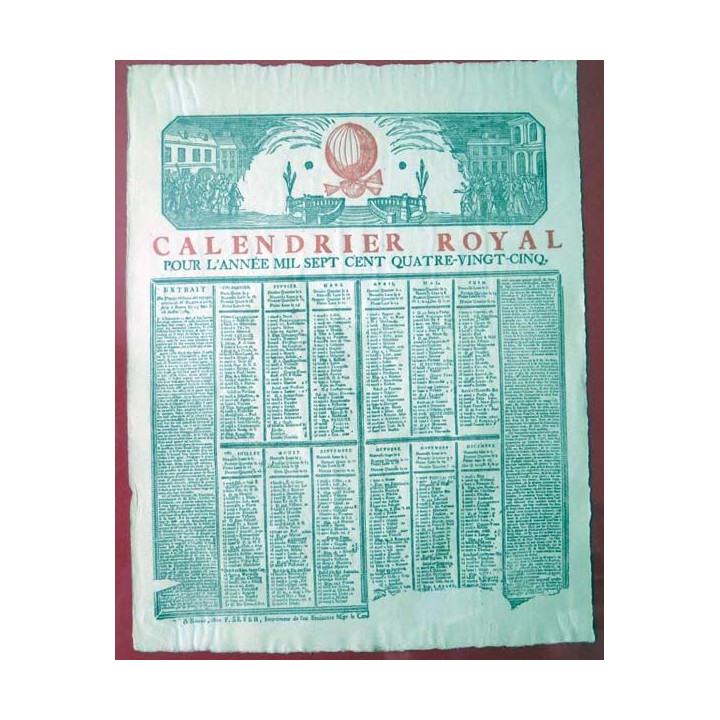 ANTIQUITES : parchemin du calendrier royal de 1785 encadré 