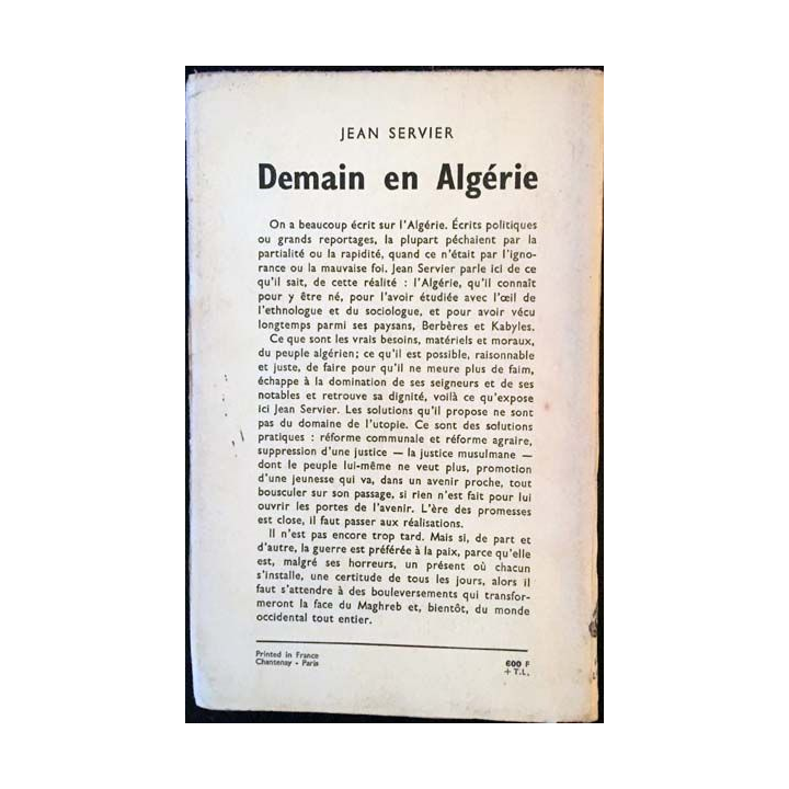 1. Demain en Algérie de Jean Servier aux éditions Robert Laffont