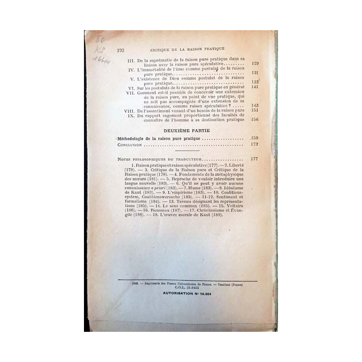 1. Critique de la raison pratique de Emmanuel Kant aux éditions presses universitaires de France