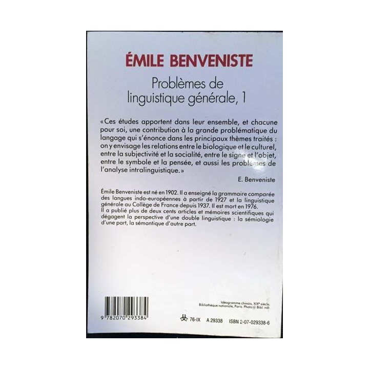 1. Problème de linguistique générale, 1 de Émile Benveniste aux éditions Gallimard 1966